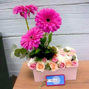 Baby Girl Pink Box Arrangement, Spray Rose Pink, Hydrangea, Gerbera, Eucalyptus